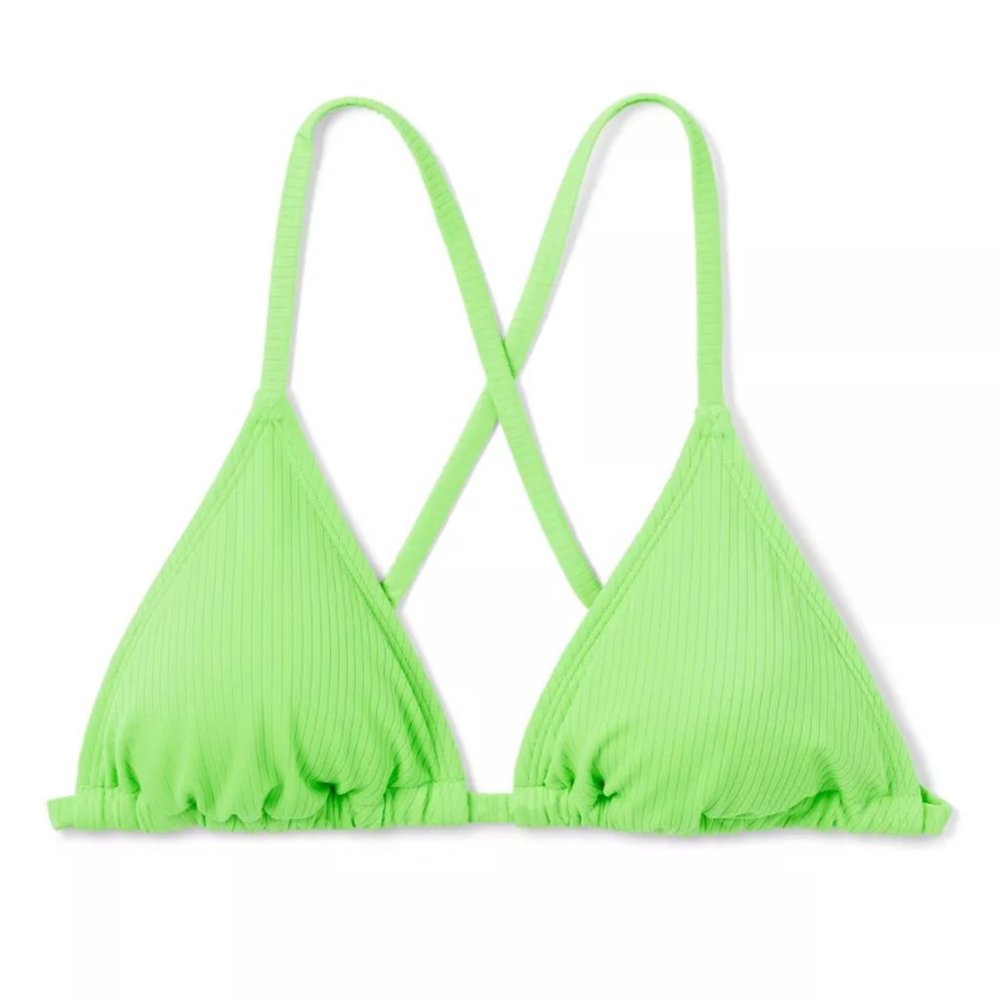 Wild Fable Neon Green Ribbed Triangle String Bikini Top M 8-10 NWT